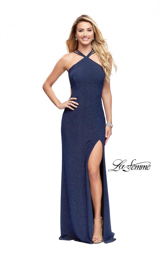 Picture of: Long Sparkly Dress with High Neckline and Side Slit in Indigo, Style: 25346, Detail Picture 2