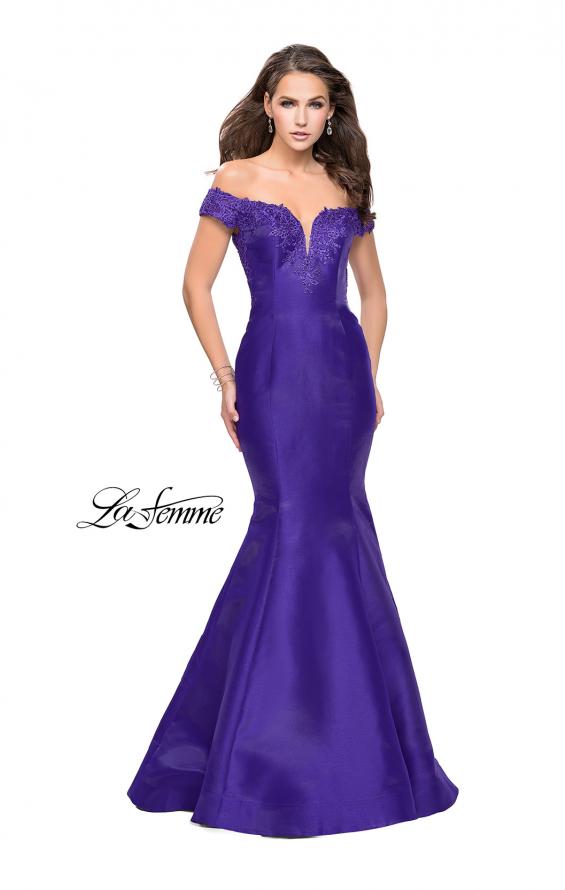 Picture of: Off The Shoulder Mikado Mermaid Gown with Lace in Indigo, Style: 26001, Detail Picture 2