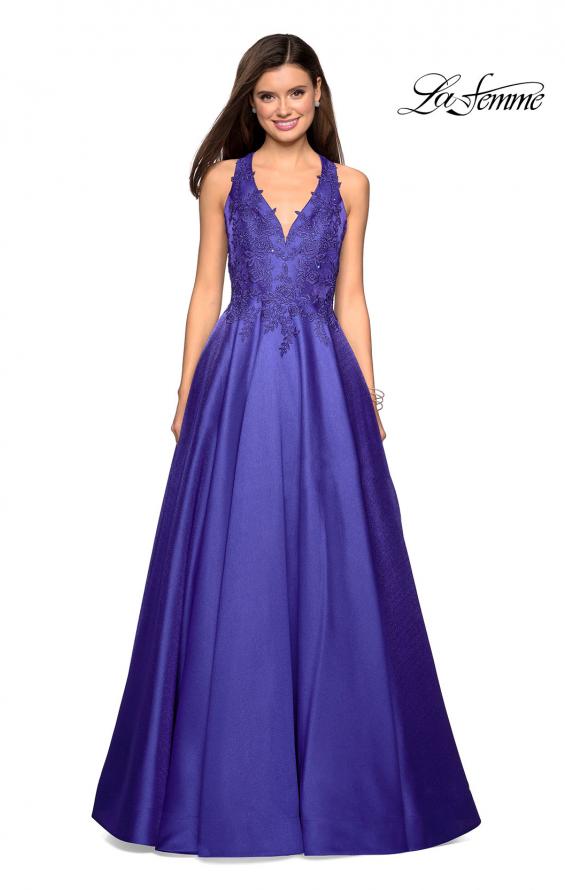 Picture of: Floor Length Mikado Gown with Lace and Rhinestones in Indigo, Style: 27529, Detail Picture 2