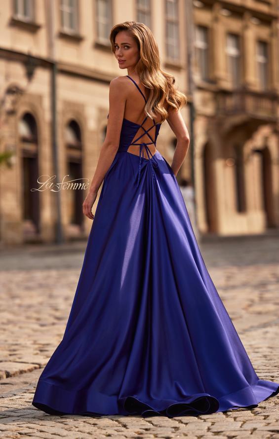 Purple Picture of: A-Line Satin Gown with Draped Bodice, Slit, and Lace-Up Back in Indigo, Style: 33373, Detail Picture 2