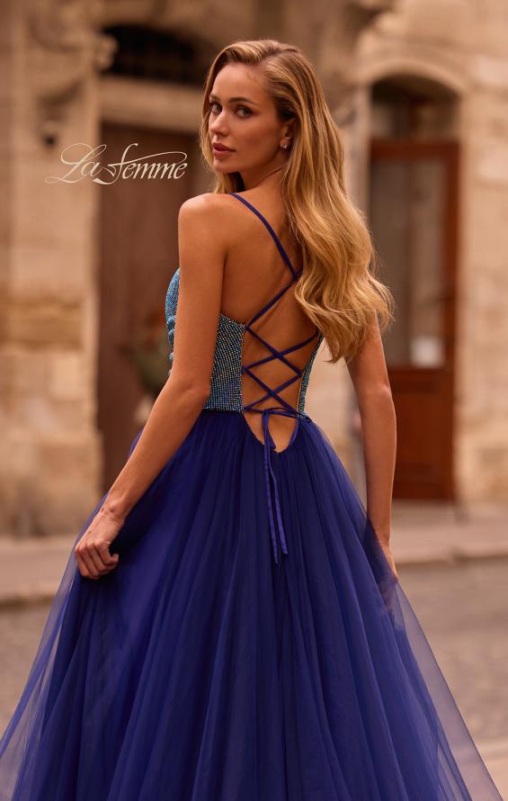 Picture of: A-line Tulle Gown with Draped Mesh Rhinestone Bodice in Indigo , Style: 32838, Detail Picture 3
