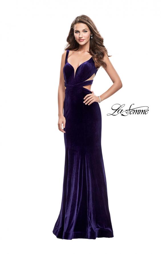 Picture of: Form Fitting Velvet Mermaid Gown with Side Cut Outs in Indigo, Style: 25866, Detail Picture 2