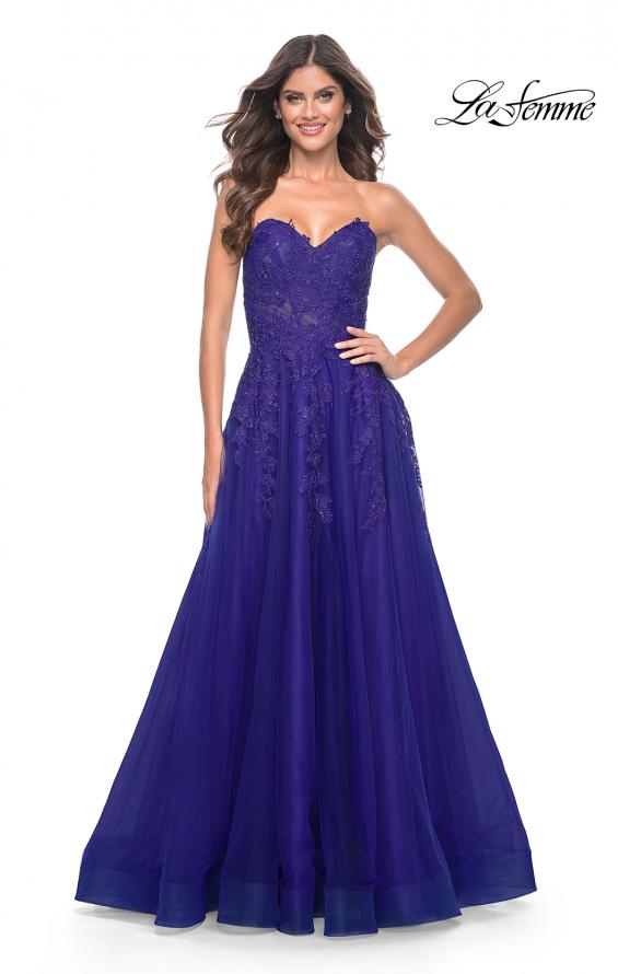 Picture of: Sweetheart Tulle Strapless Gown with Lace Applique in Indigo, Style: 32304, Detail Picture 4