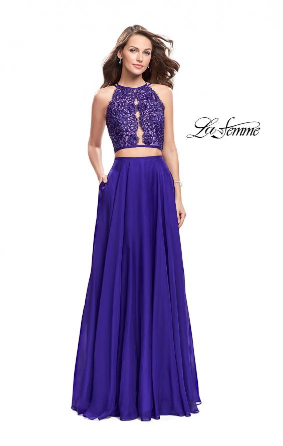 Picture of: Two Piece A-line Dress with Halter Neck and Beading in Indigo, Style: 25843, Detail Picture 5