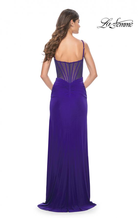 Picture of: Ruched Net Jersey Dress with Bustier Top and Illusion Back in Indigo, Style: 32212, Detail Picture 5