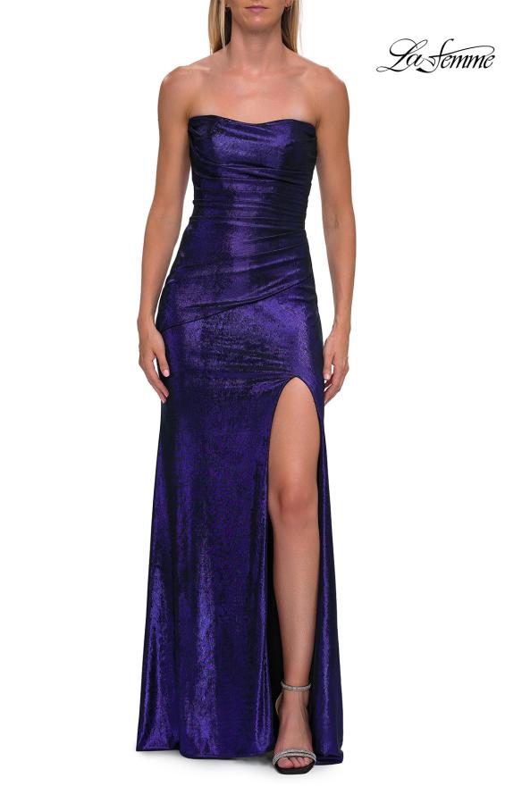 Picture of: Strapless Metallic Gown with Draped Bodice and High Slit in Indigo, Style: 33291, Detail Picture 5