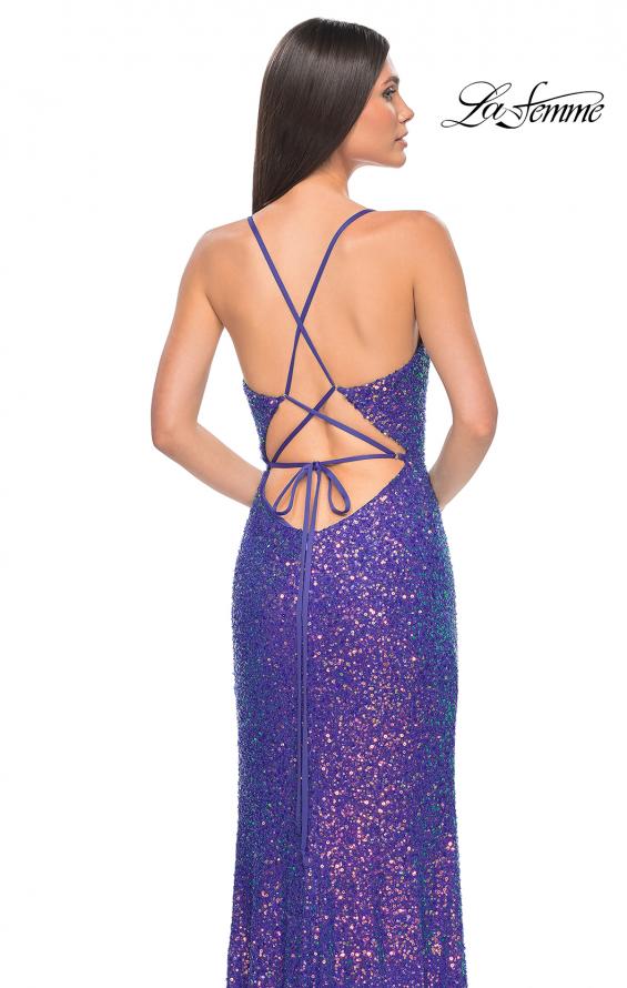 Picture of: Irridescent Sequin Long Prom Gown with Lace Up Back in Indigo, Style: 32339, Detail Picture 6