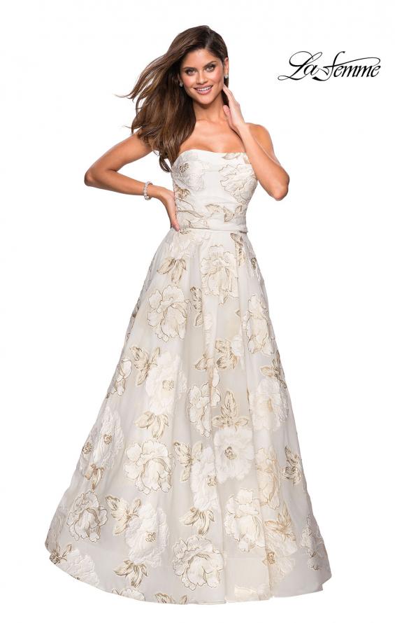 Picture of: Strapless Floral A Line Ball Gown with Pockets in Ivory Gold, Style: 27207, Main Picture