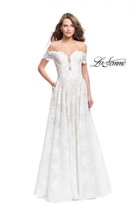 Picture of: Off the Shoulder beaded Lace A-line Prom Dress in Ivory, Style: 26254, Main Picture