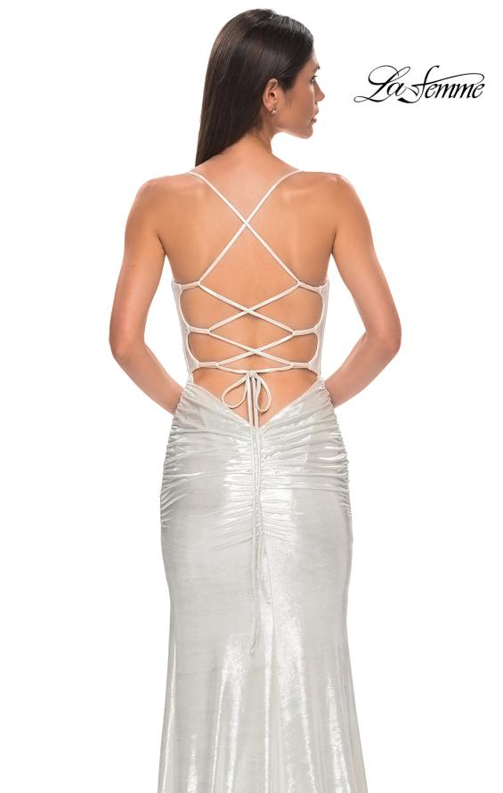 Picture of: Ruched Metallic Jersey Dress with Open Lace Up Back in Ivory , Style 32945, Detail Picture 20
