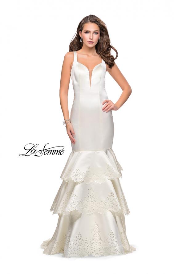 Picture of: Satin Prom Dress with Laser Cut Detail and Tulle Skirt in Ivory, Style: 25749, Detail Picture 2