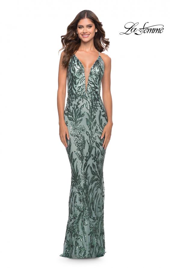 Picture of: Deep V Print Sequin Gown in Jade in Jade, Style: 31522, Main Picture