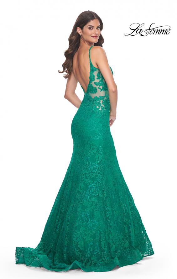 Picture of: Jewel Tone Long Mermaid Lace Dress with Back Rhinestone Detail in Jade, Style: 32315, Back Picture