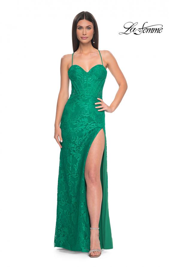 Picture of: Stretch Lace Dress with Bustier Top and Illusion Back in Jade, Style: 32248, Detail Picture 1