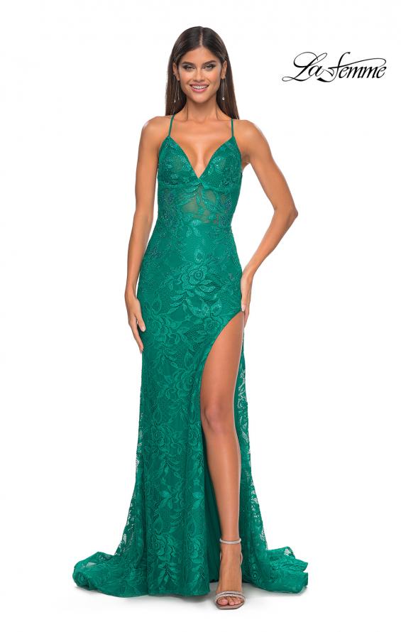 Picture of: Rhinestone Lace Embellished Prom Dress with High Side Slit in Bright Colors in Jade, Style: 32308, Detail Picture 1
