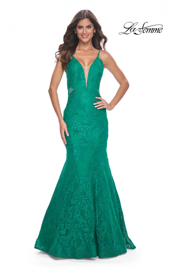 Picture of: Jewel Tone Long Mermaid Lace Dress with Back Rhinestone Detail in Jade, Style: 32315, Detail Picture 3