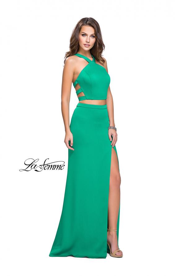 Picture of: Halter Two Piece Satin Prom Dress with Caged Back in Jade, Style: 26171, Detail Picture 6