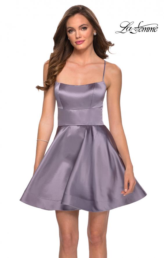 Picture of: Satin Fit and Flare Short Dress with Lace Up Open Back in Lavender Gray, Style: 29342, Main Picture