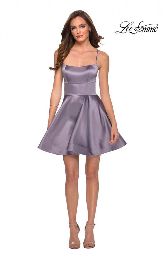 Picture of: Satin Fit and Flare Short Dress with Lace Up Open Back in Lavender Gray, Style: 29342, Detail Picture 3