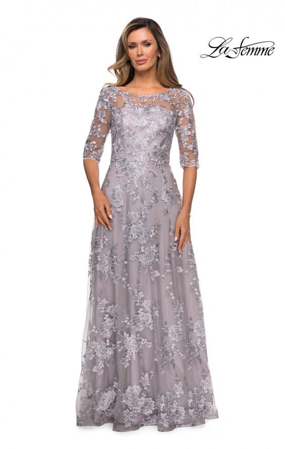 Picture of: Cap Sleeve Long Evening Gown with Lace Detailing in Lavender Gray, Style: 27854, Main Picture