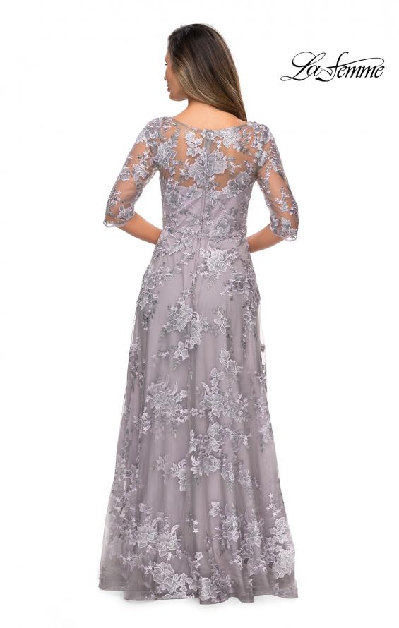 Picture of: Cap Sleeve Long Evening Gown with Lace Detailing in Lavender Gray, Style: 27854, Back Picture