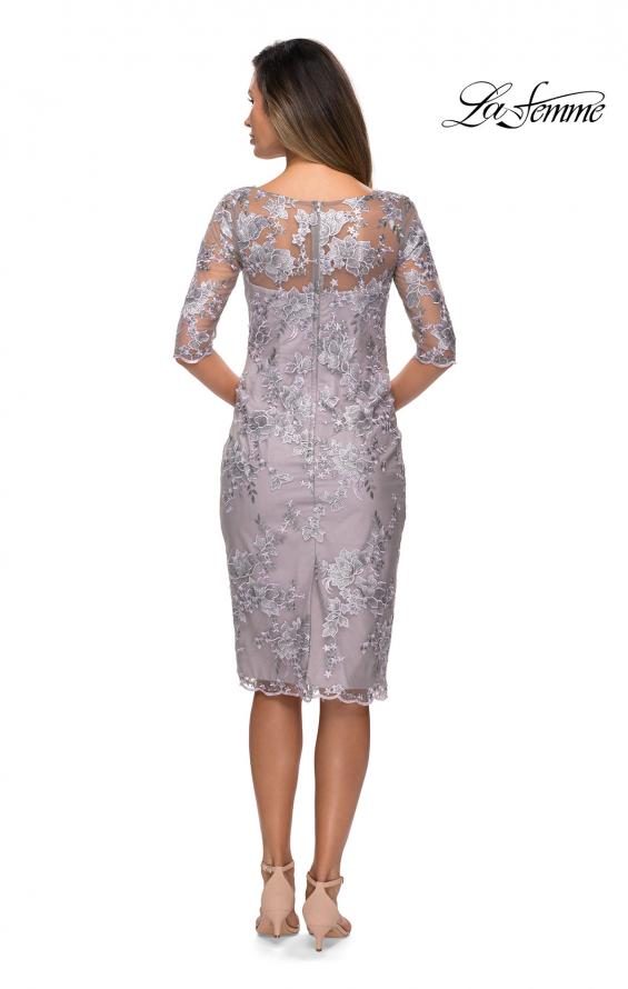 Picture of: Tea Length Lace Gown with Three Quarter Sleeves in Lavender Gray, Style: 27895, Back Picture
