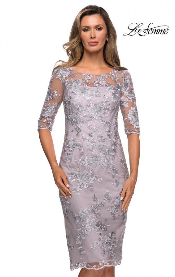 Picture of: Tea Length Lace Gown with Three Quarter Sleeves in Lavender Gray, Style: 27895, Detail Picture 1