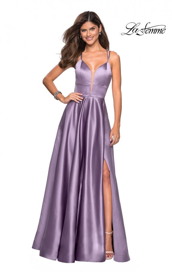 Picture of: Long Satin Formal Gown with Leg Slit and Strappy Back in Lavender Gray, Style: 26994, Main Picture