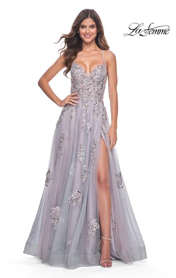Picture of: Gorgeous Sequin and Beaded Lace Applique Tulle Gown in Lavender Gray, Style: 32200, Main Picture