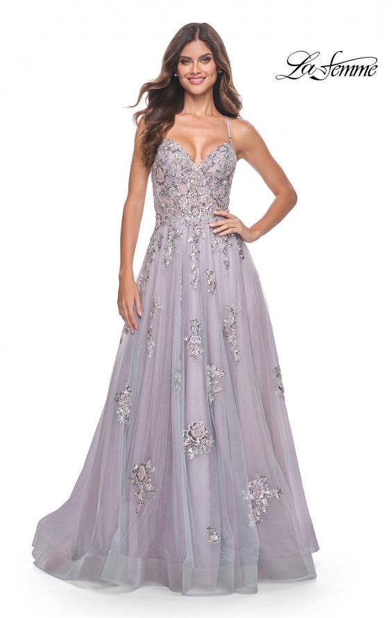 Picture of: Gorgeous Sequin and Beaded Lace Applique Tulle Gown in Lavender Gray, Style: 32200, Detail Picture 3