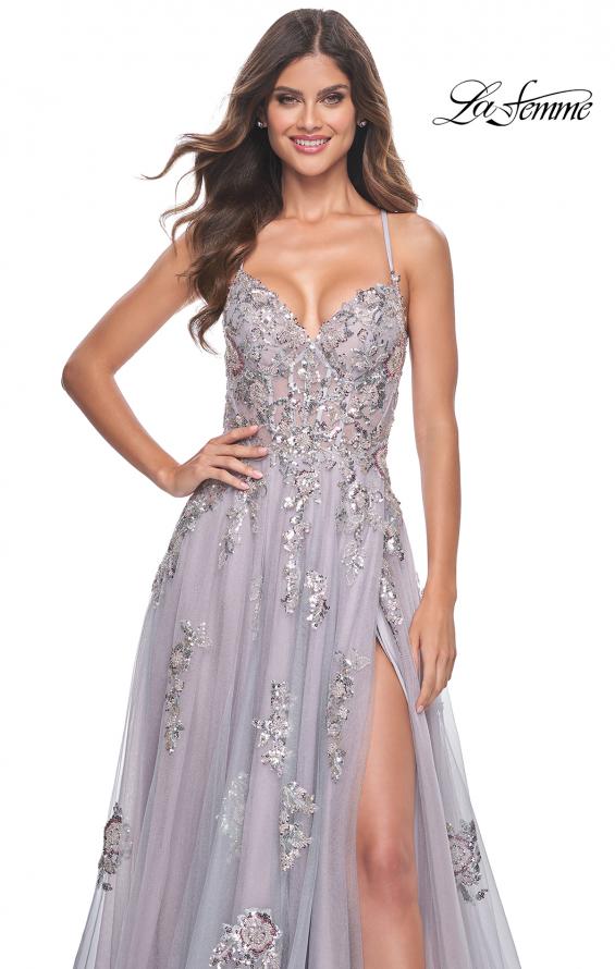 Picture of: Gorgeous Sequin and Beaded Lace Applique Tulle Gown in Lavender Gray, Style: 32200, Detail Picture 4