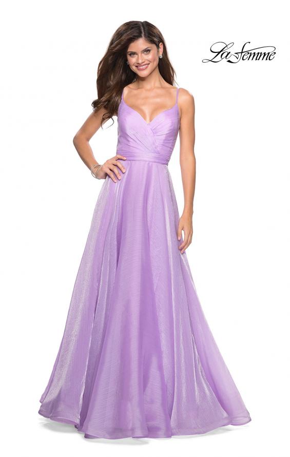 Picture of: Long Metallic Chiffon Dress with Ruching and V Back in Lavender, Style: 27616, Main Picture