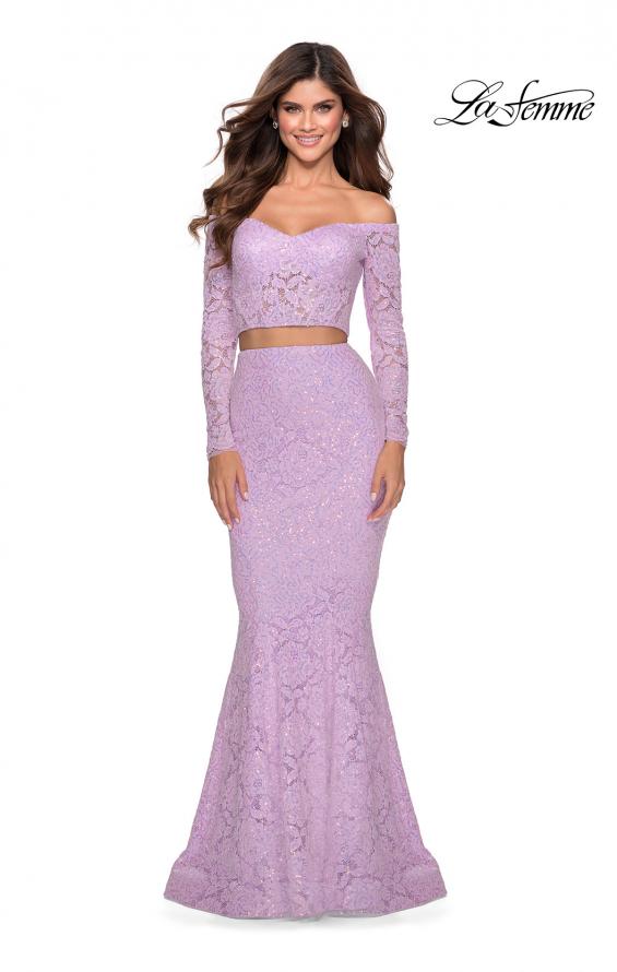 Picture of: Lace Sleeve Lace and Sequin Two Piece Prom Dress in Lavender, Style: 28666, Main Picture