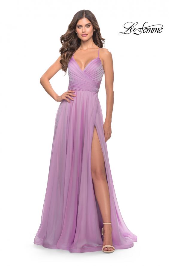 Picture of: Chiffon Prom Dress with Ruched Bodice and Slit in Lavender, Style: 30840, Main Picture
