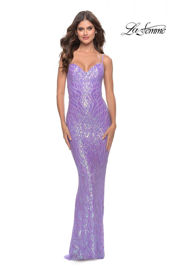 Picture of: Gorgeous Print Sequin Dress with Lace Up Back in Lavender, Style: 31390, Main Picture