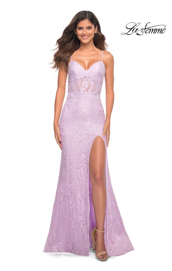 Picture of: Neon Lace Prom Gown With Sheer Bodice and Tie Up Back in Lavender, Detail Picture 8