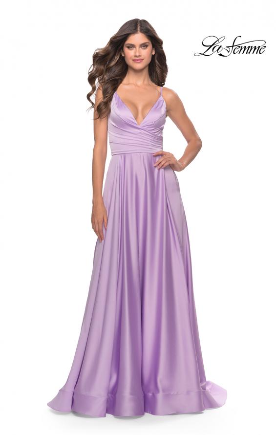 Picture of: A-Line Satin Gown with Ruched Bodice and V Neck in Lavender, Style: 31505, Detail Picture 8