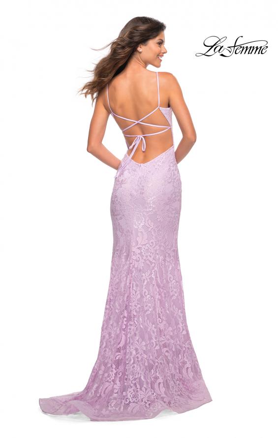 Picture of: Neon Lace Prom Gown With Sheer Bodice and Tie Up Back in Lavender, Detail Picture 9