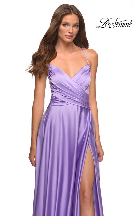 Picture of: Bright Satin Gown with Criss-Cross Ruched Top in Purple, Style: 30662, Detail Picture 10