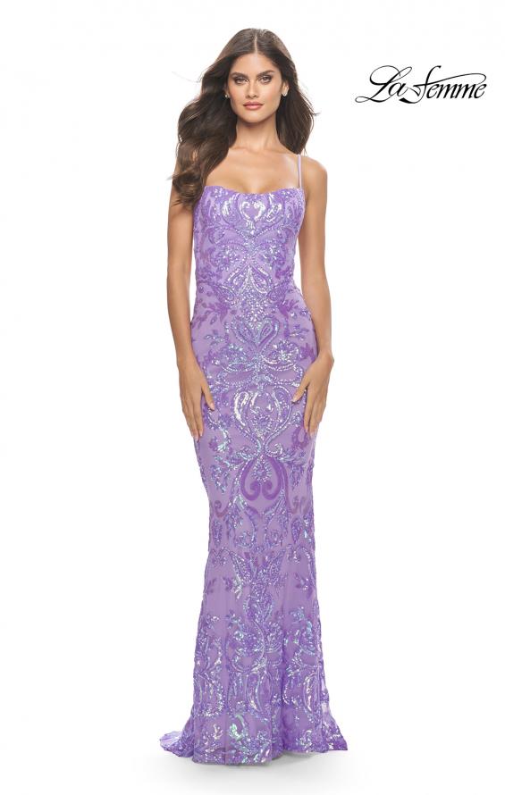 Picture of: Print Sequin Gown with Square Neckline in Lavender, Style: 31521, Detail Picture 10