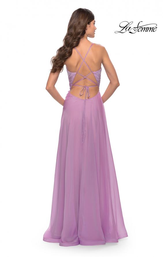 Picture of: Chiffon Prom Dress with Ruched Bodice and Slit in Lavender, Style: 30840, Back Picture