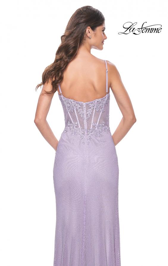 Picture of: Stunning Rhinestone Fishnet Dress with Lace Detail Bodice in Lavender, Style: 32236, Back Picture