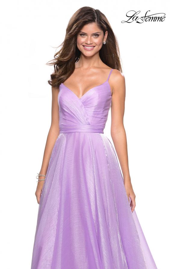 Picture of: Long Metallic Chiffon Dress with Ruching and V Back in Lavender, Style: 27616, Detail Picture 1