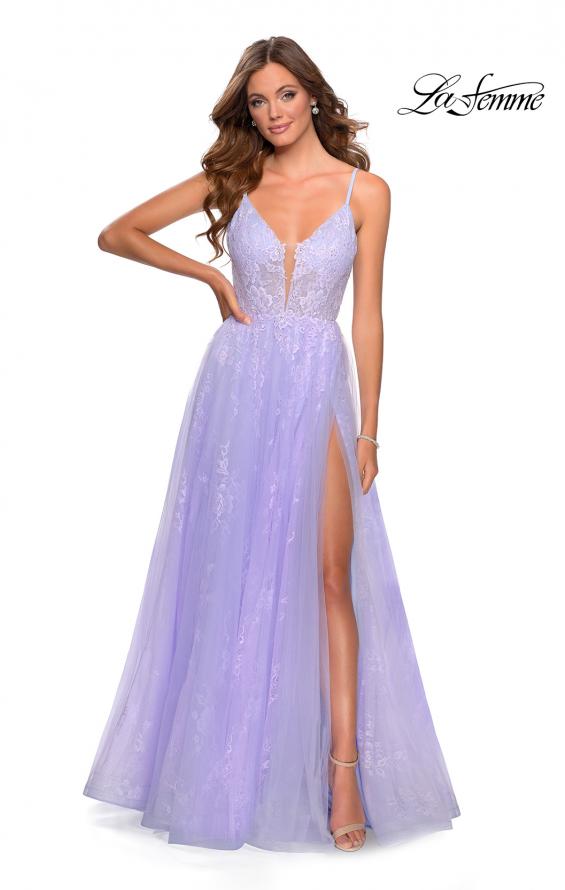 Picture of: Floral Lace A-line Prom Gown with Tulle Overlay in Lavender, Style: 28387, Detail Picture 1