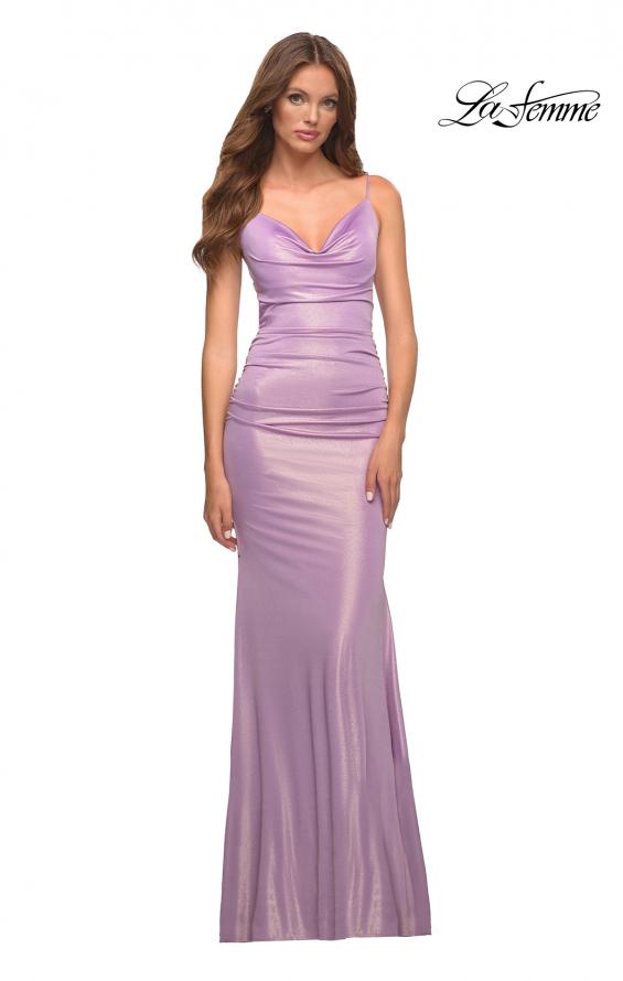Picture of: Metallic Jersey Long Dress with Draped Neckline and Train in Purple, Style: 30633, Detail Picture 1