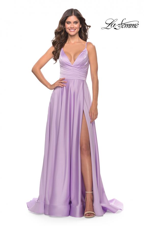 Picture of: A-Line Satin Gown with Ruched Bodice and V Neck in Lavender, Style: 31505, Detail Picture 1