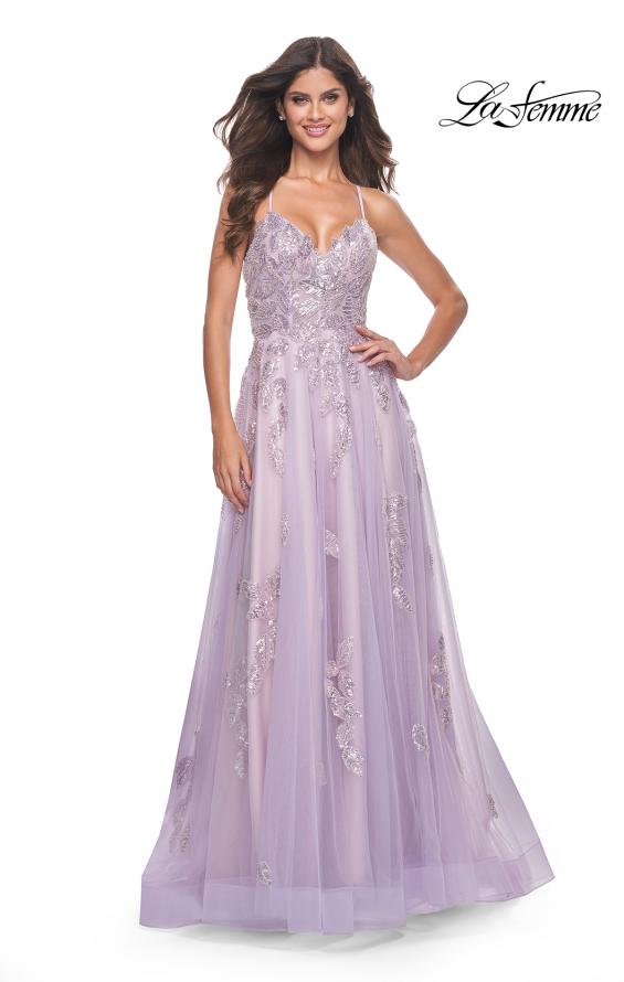 Picture of: Two Tone Tulle A-Line Prom Dress with Floral Beaded Detail in Lavender, Style: 32090, Detail Picture 1