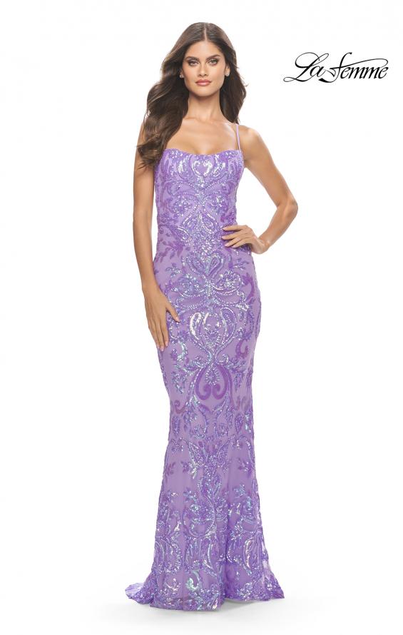 Picture of: Print Sequin Gown with Square Neckline in Lavender, Style: 31521, Detail Picture 2
