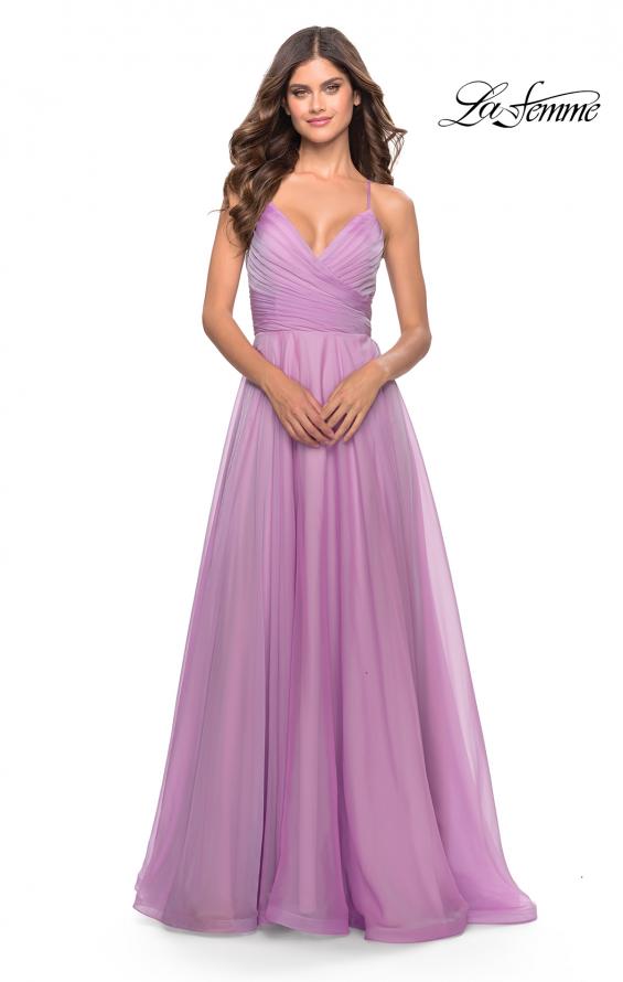 Picture of: Chiffon Prom Dress with Ruched Bodice and Slit in Lavender, Style: 30840, Detail Picture 4