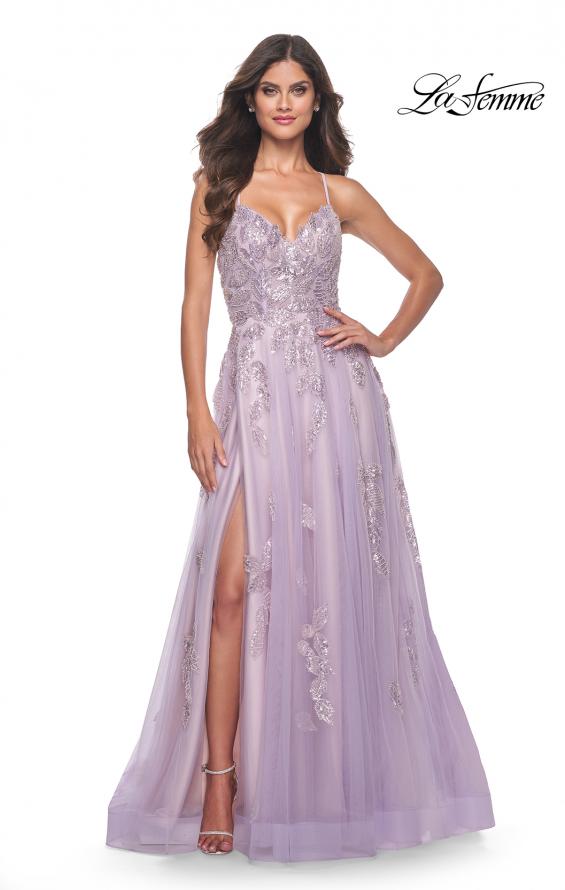 Picture of: Two Tone Tulle A-Line Prom Dress with Floral Beaded Detail in Lavender, Style: 32090, Detail Picture 4